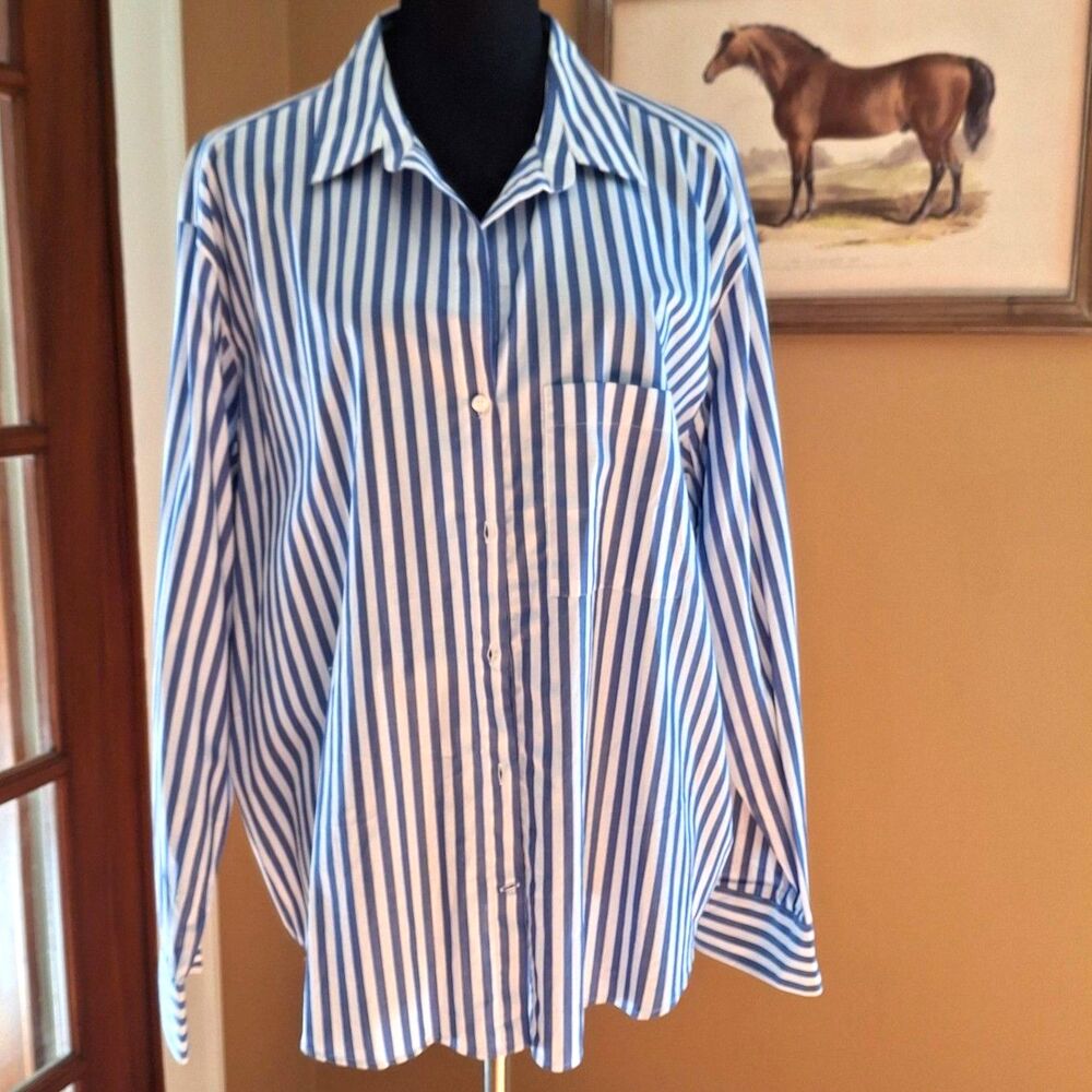 Zara long sleeve button front shirt blue white stripes size XXL womens